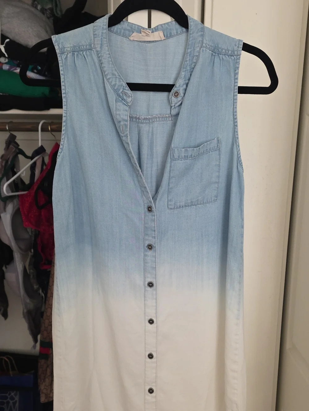 lovestitch Light Blue to White Ombre Sleeveless Button-Front Tunic